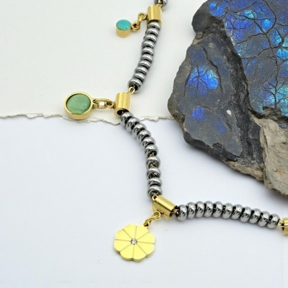 πBoho Chic Two Tone 18K Gold Plated Stainless Steel Necklace Floral Charm - Picture 3 of 13